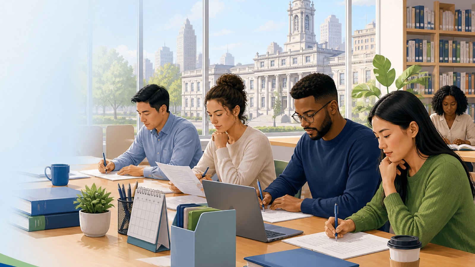 Four adult candidates studying at a shared table, a municipal building visible through the window behind them