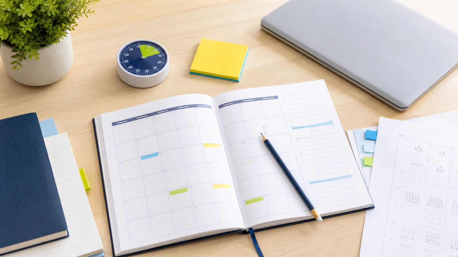 Organized exam study plan with calendar, timer and practice pages
